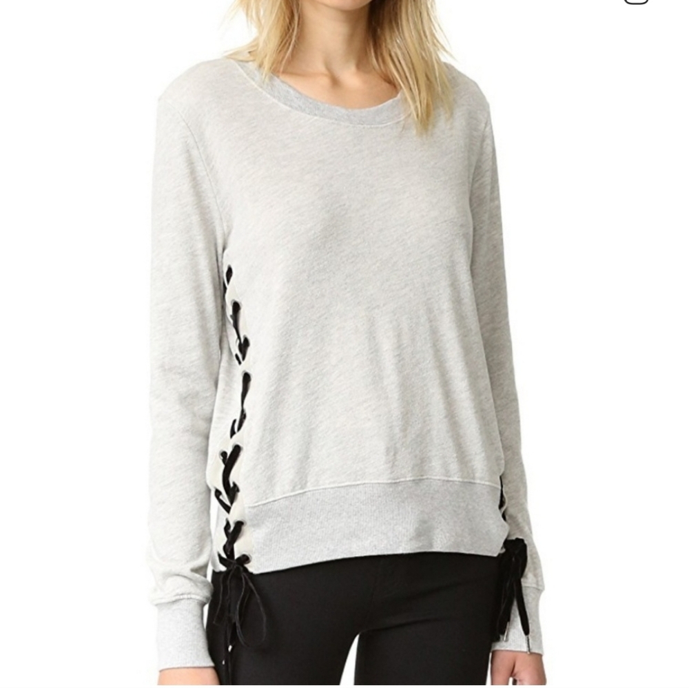 Pam & Gela Lace Up Sides Light Gray V-Neck Sweater - Picture 5 of 11